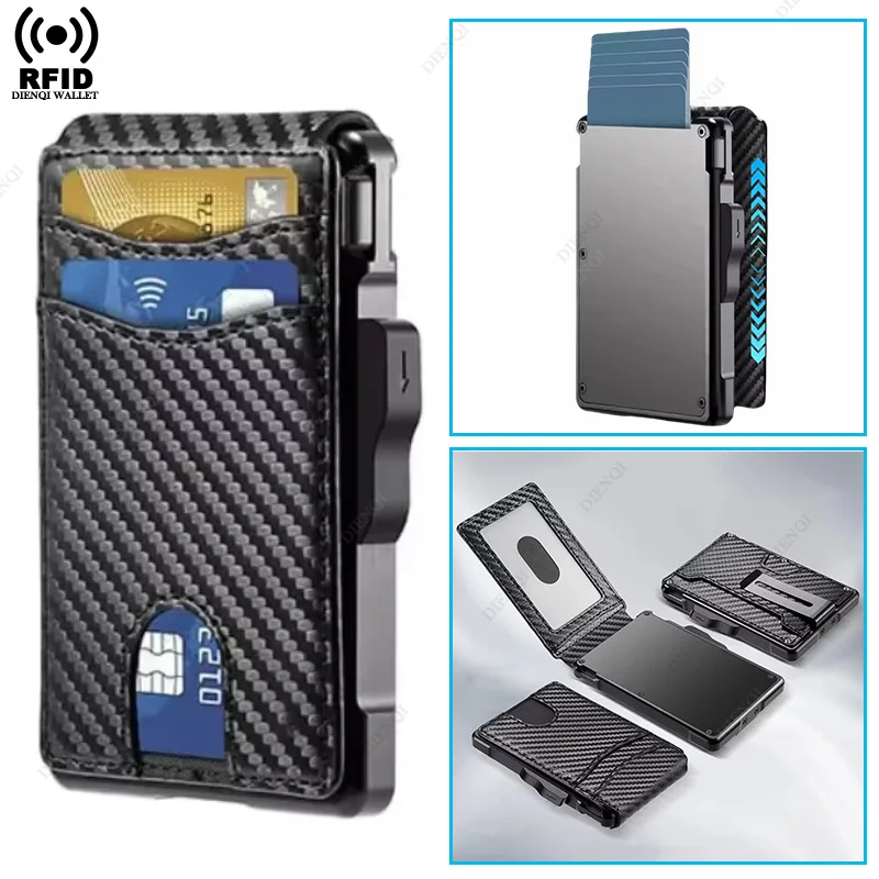 Carbon Fiber Rfid Blocking Wallet Aluminium Smart Wallet Pop Up ID Credit Card Holder Bifold Metal Money Clip Wallets for Men